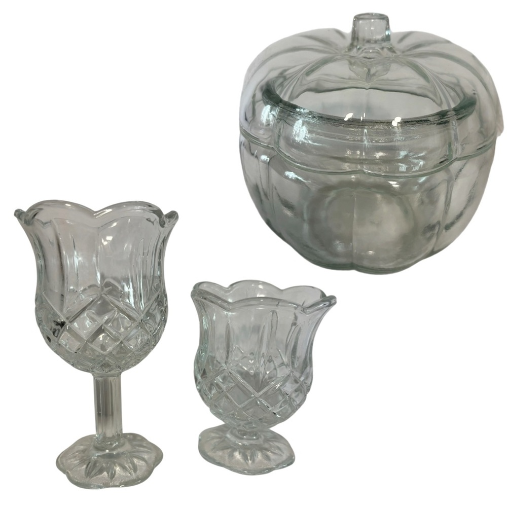 VTG 2 home interior stemmed tulip candle holders
& Clear glass lidded pumpkin
